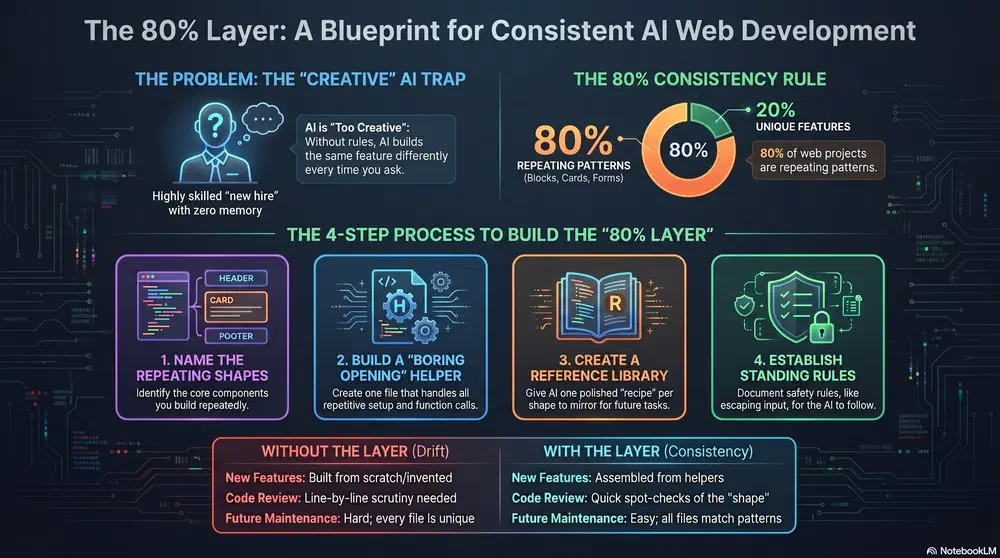 Consistent AI web development blueprint Blueprint: name what repeats, one helper for setup, reference examples, then rules plus a standing instruction