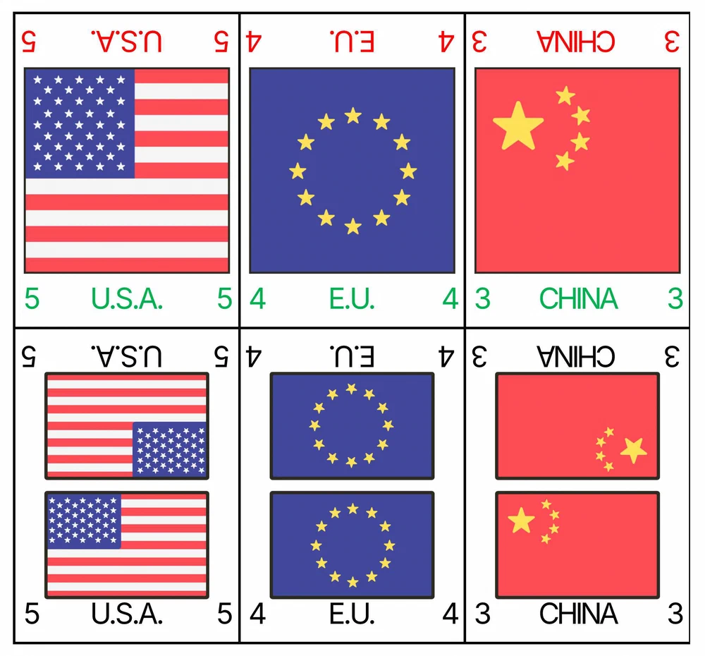 Duopoly country cards in neutral and controlled states for USA, EU, and China